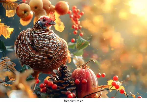 A turkey standing on a branch of a tree full of red berries