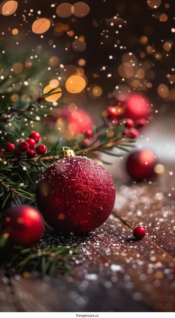 Red Christmas ornaments with pine branches and snow