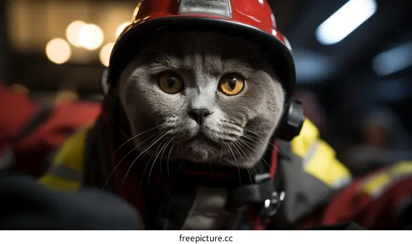 A cat wearing a firefighter helmet