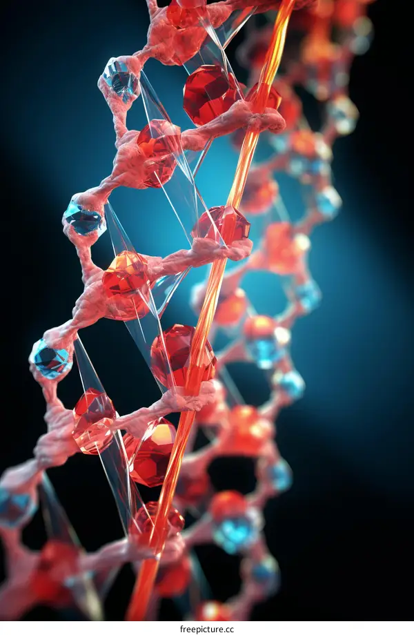 Illustration of DNA double helix structure with glowing red and blue atoms