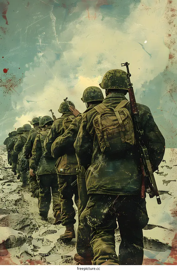 A group of soldiers walking through a snowy field during the Korean War.