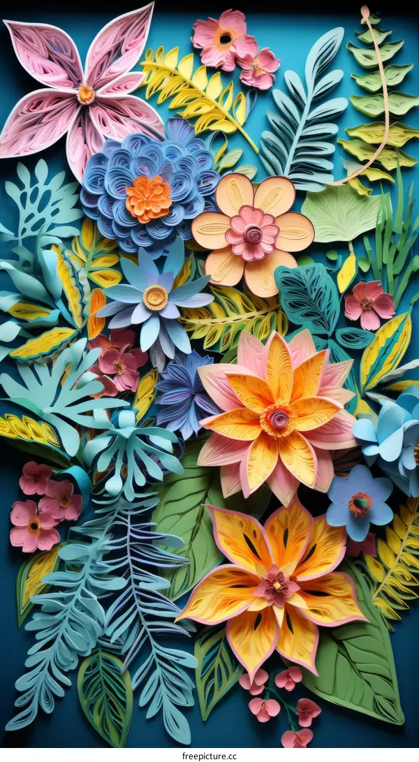 3D Paper Flower and Leaf Artwork: Vibrant and Colorful