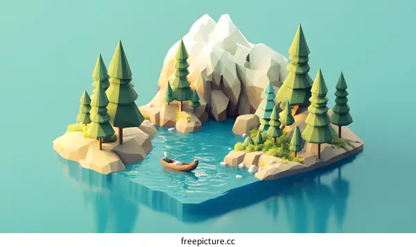 Low Poly 3D Illustration of a Mountain Lake Scene