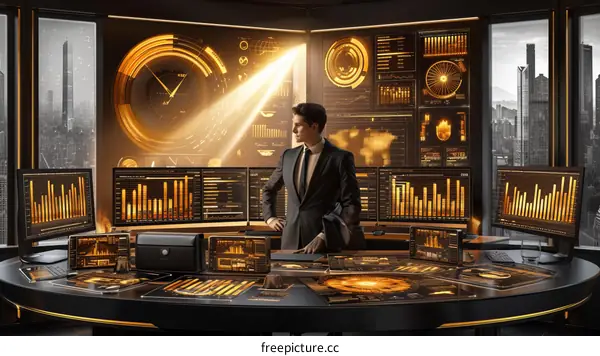 Businessman Analyzing Data on Futuristic Control Panel