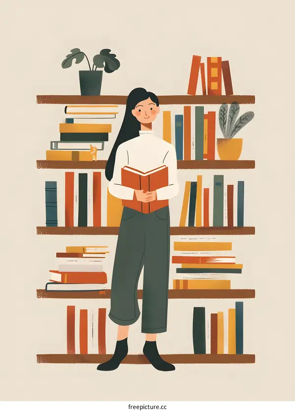 Woman Reading Book in Library with Bookshelves