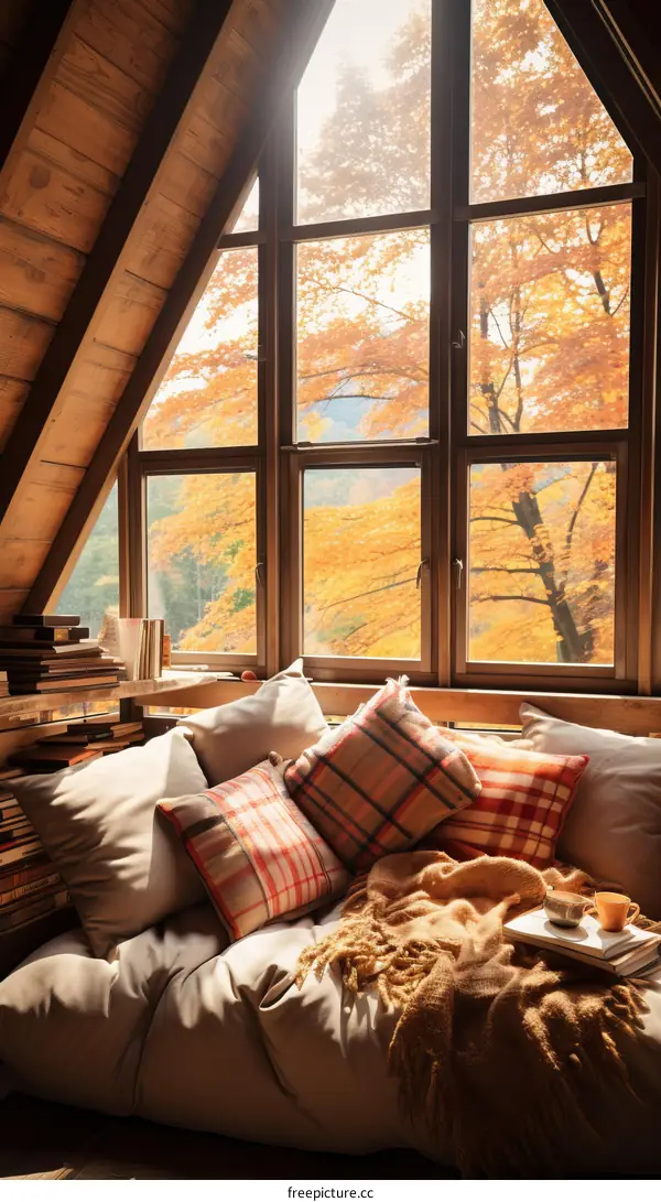 Cozy fall reading spot with colorful forest outside