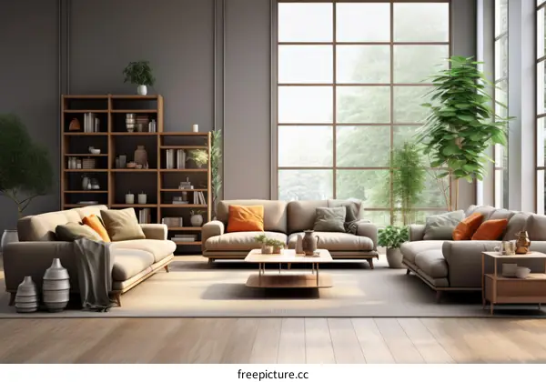 Bright and Airy Living Room with Large Windows and Plants