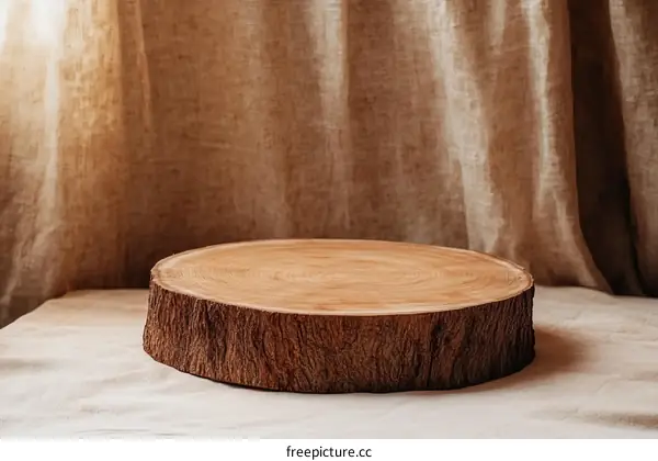 Wooden Disc Display Stand Against Beige Fabric