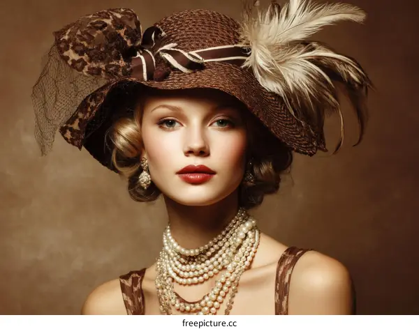 Elegant Woman in Vintage Style Hat and Jewelry