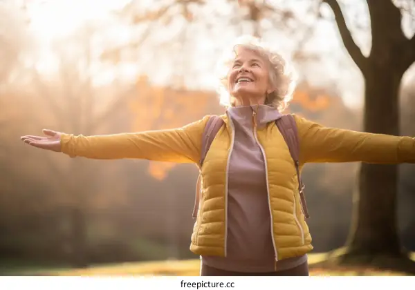 Pleased elderly woman breathing fresh air in nature