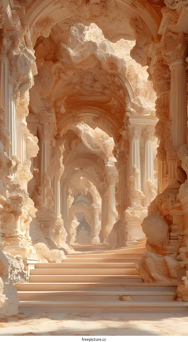 Digital Art of White Marble Stairway Leading To Ancient Palace Ruins