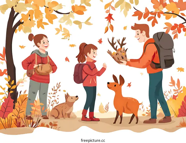 Family Hiking in Autumn Woods