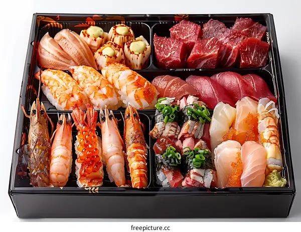 A variety of fresh seafood and beef sashimi