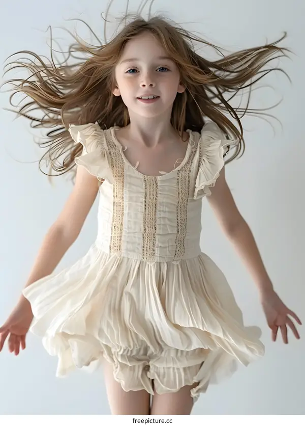 Little girl with long blond hair and freckles in a beige dress