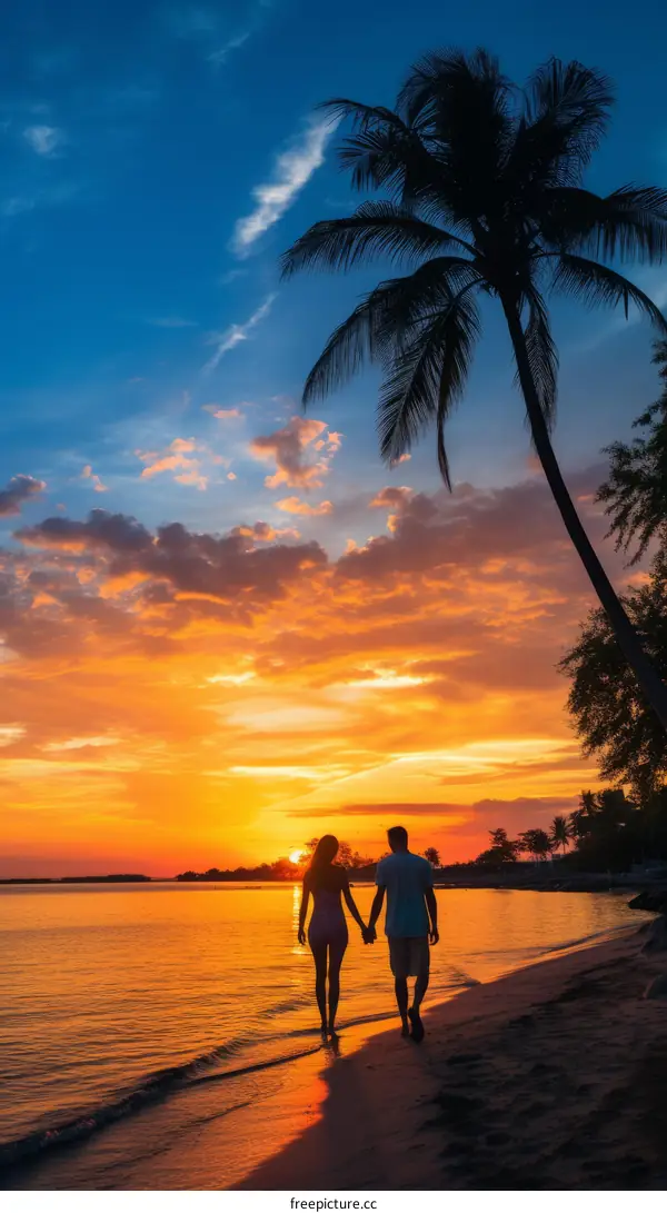 Couple walking on the beach at sunset