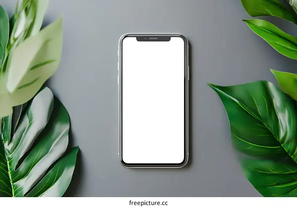 Smartphone Mockup with Green Leaves on Gray Background
