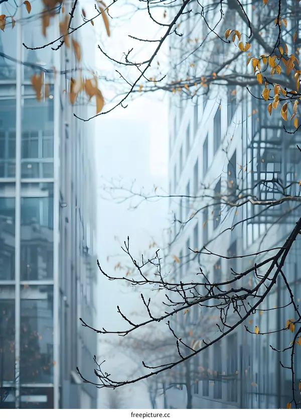 Bare Tree Branches Against Foggy Cityscape
