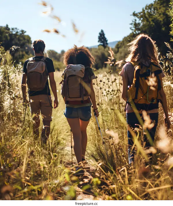 Three friends hiking in nature with backpacks