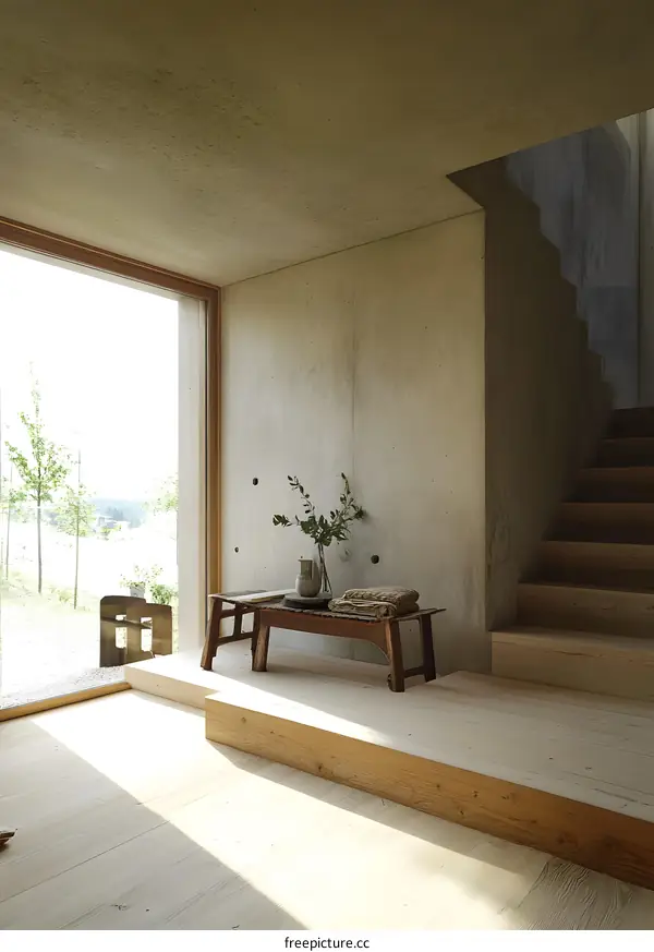 Minimalist Interior Design with Concrete Wall and Wooden Bench