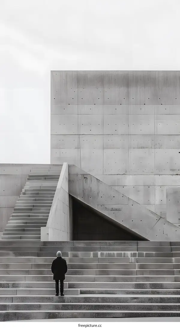 Man Standing on Stairs of Modern Concrete Building