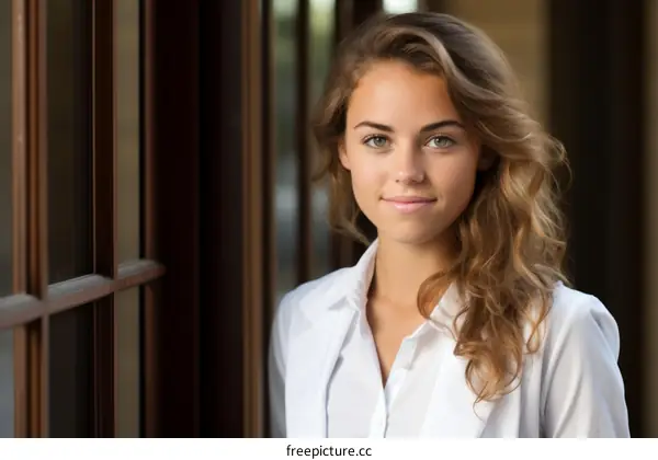 Portrait of a beautiful young woman with long brown hair and green eyes wearing a white shirt