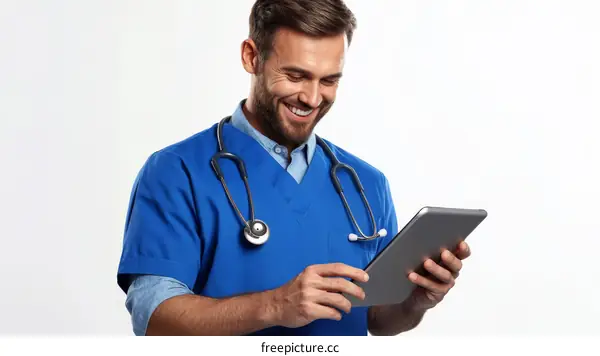 Doctor using digital tablet in medical setting