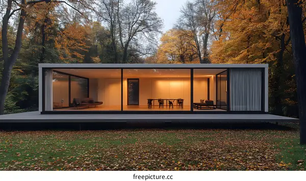 Modern Glass House in Autumn Woods