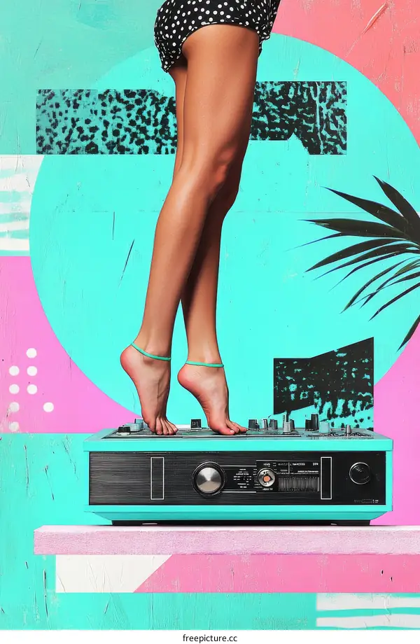 Trendy Female Legs on a Retro DJ Console