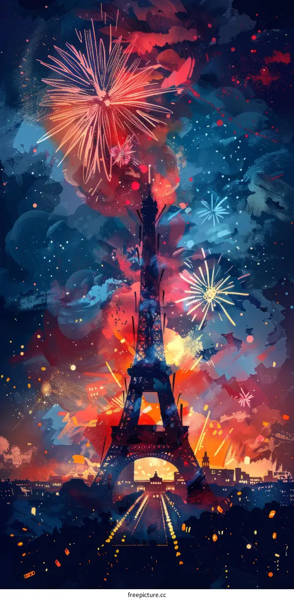Eiffel Tower Fireworks at Night