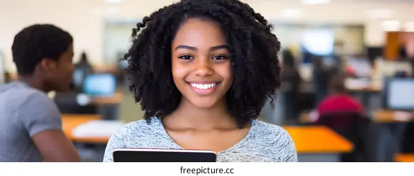 Happy African American Girl Student in Library with Laptop
