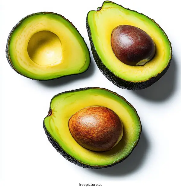 Freshly Sliced Avocados Displayed Against White Background