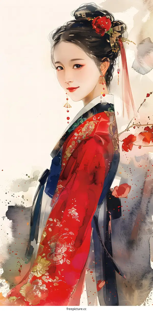 A beautiful illustration of a woman in a red dress with traditional Chinese clothing and hair accessories.