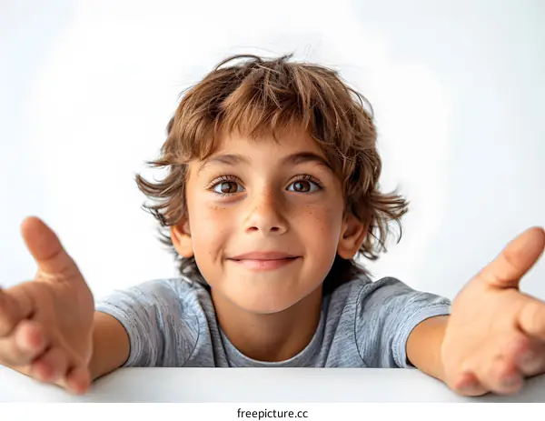 Portrait of a Young Boy with Freckles Smiling and Reaching Out Hands