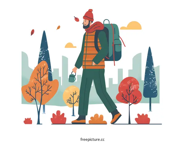 Man Hiking in Autumn Park