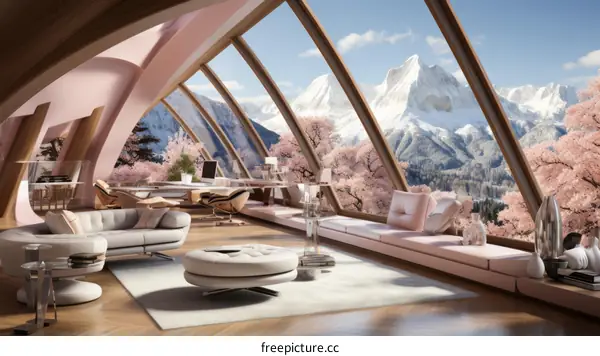 Modern house interior design with large windows and mountain views