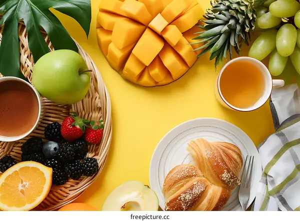 Yellow Background Fresh Fruit Breakfast Table Flat Lay