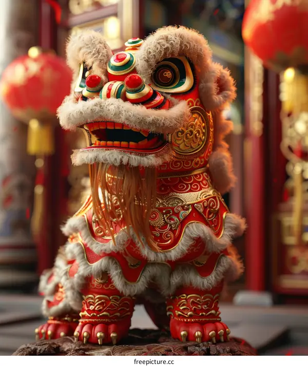 Intricately Designed Red and Gold Chinese Lion Statue
