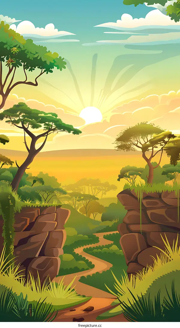 African Savannah Landscape with Winding Path at Sunset