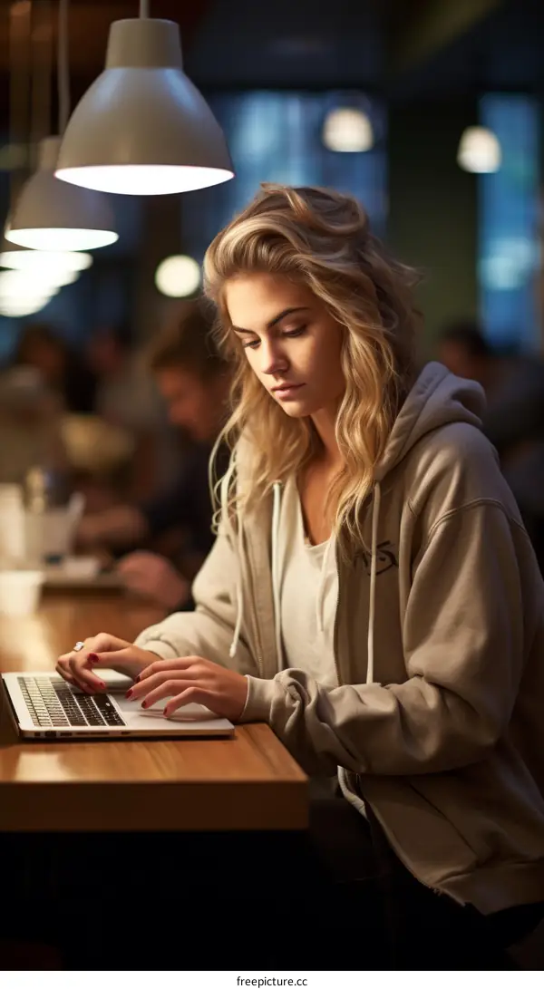 Young woman working on laptop in cafe