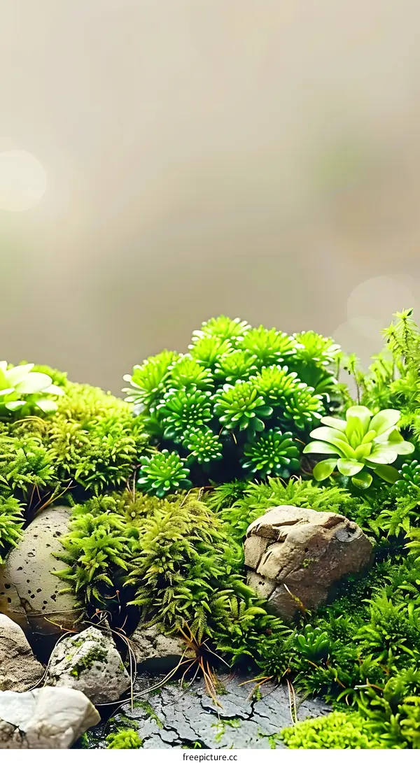 Green Moss and Succulents on Rock with Blurred Background