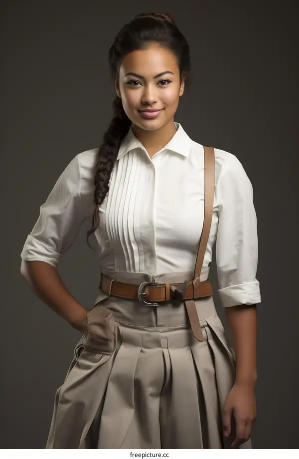 Portrait of a young woman in a white blouse and brown skirt