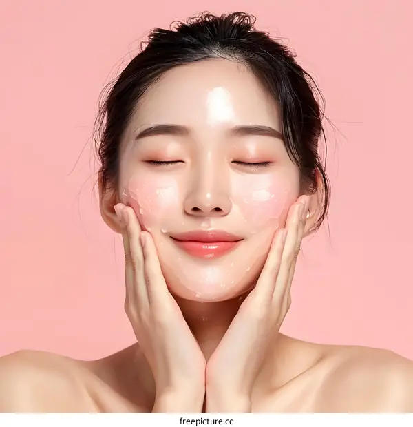 Asian Woman Applying Face Mask With Pink Background