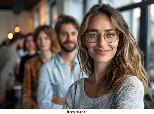 portrait of a young woman smiling with three people blurred in the background