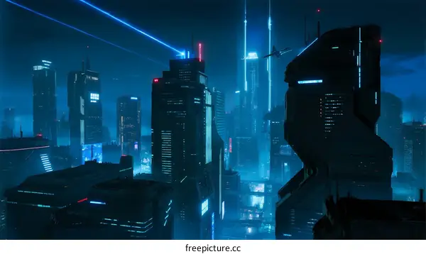 Futuristic Night Cityscape with Holographic Lights and Tall Buildings