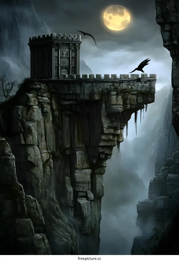 Dark Fantasy Illustration of a Castle on a Clifftop with a Full Moon in the Sky