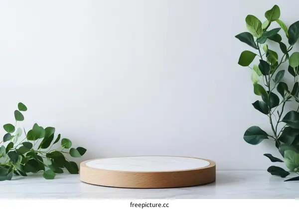 Minimalist Wooden Marble Display Platform with Greenery