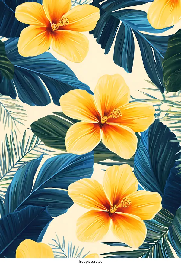 Tropical Floral Pattern With Blue And Yellow Colors
