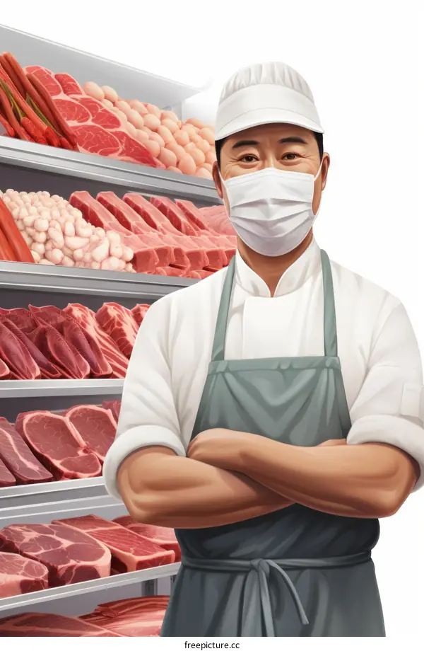 Asian butcher standing with arms crossed in front of meat display