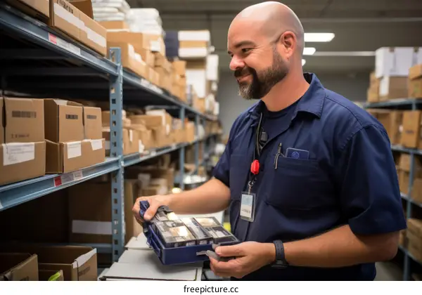 Bald man wearing blue uniform working in a warehouse