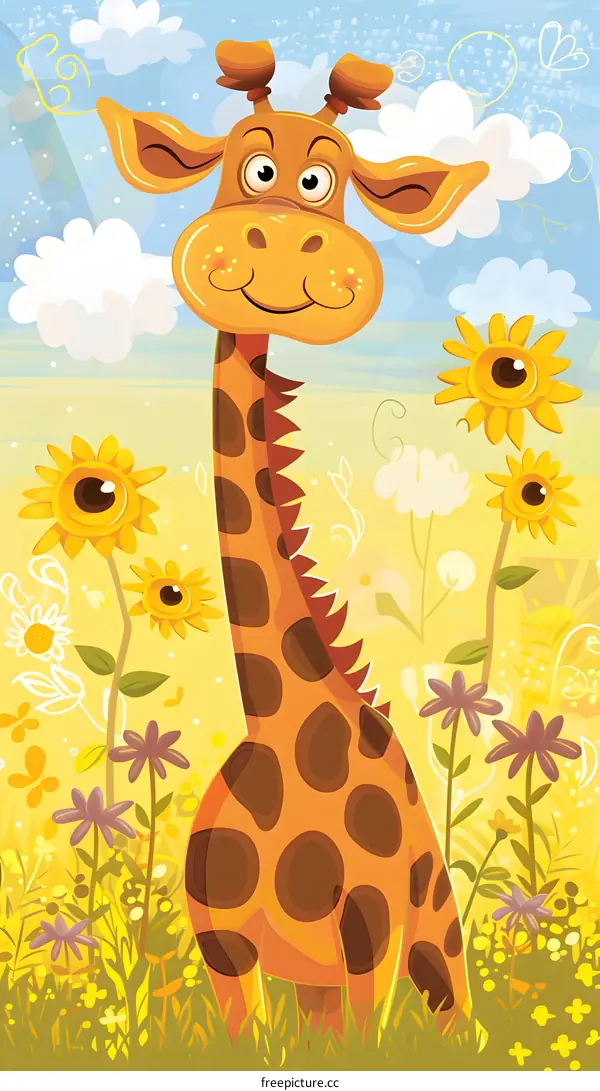 Cute Giraffe In Flower Meadow Illustration
